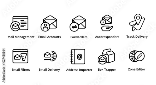 Email management account forwarder autoresponder mail filter box trapper zone editor icon collection set vector graphic illustration web hosting server management tools