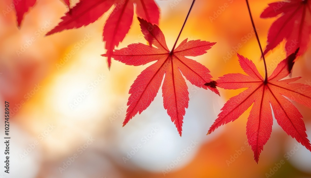Vibrant red maple leaves against a blurred autumn background. Vibrant red maple leaves against a blurred autumn background.