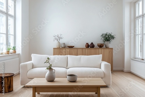 Minimalist, modern Scandinavian interiors in the living room with wood cabinets and sofas. Generative AI 