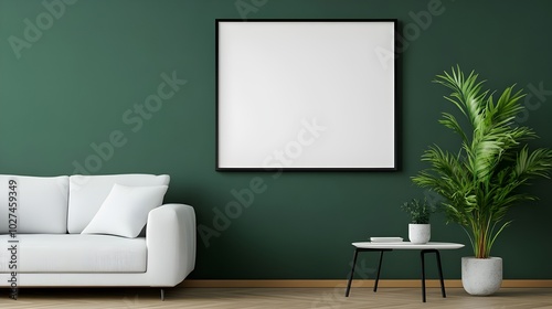 Close-up mockup frame in a dark green farmhouse living room rendered in three dimensions