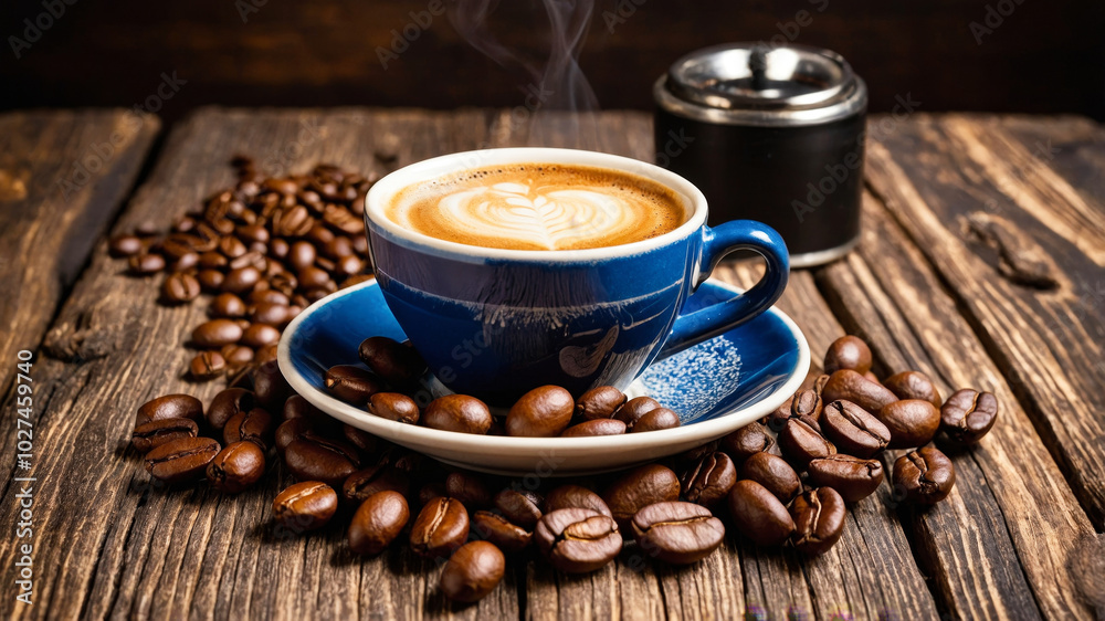 Steaming Cappuccino in Blue Cup with Coffee Beans Steaming Cappuccino in Blue Cup with Coffee Beans