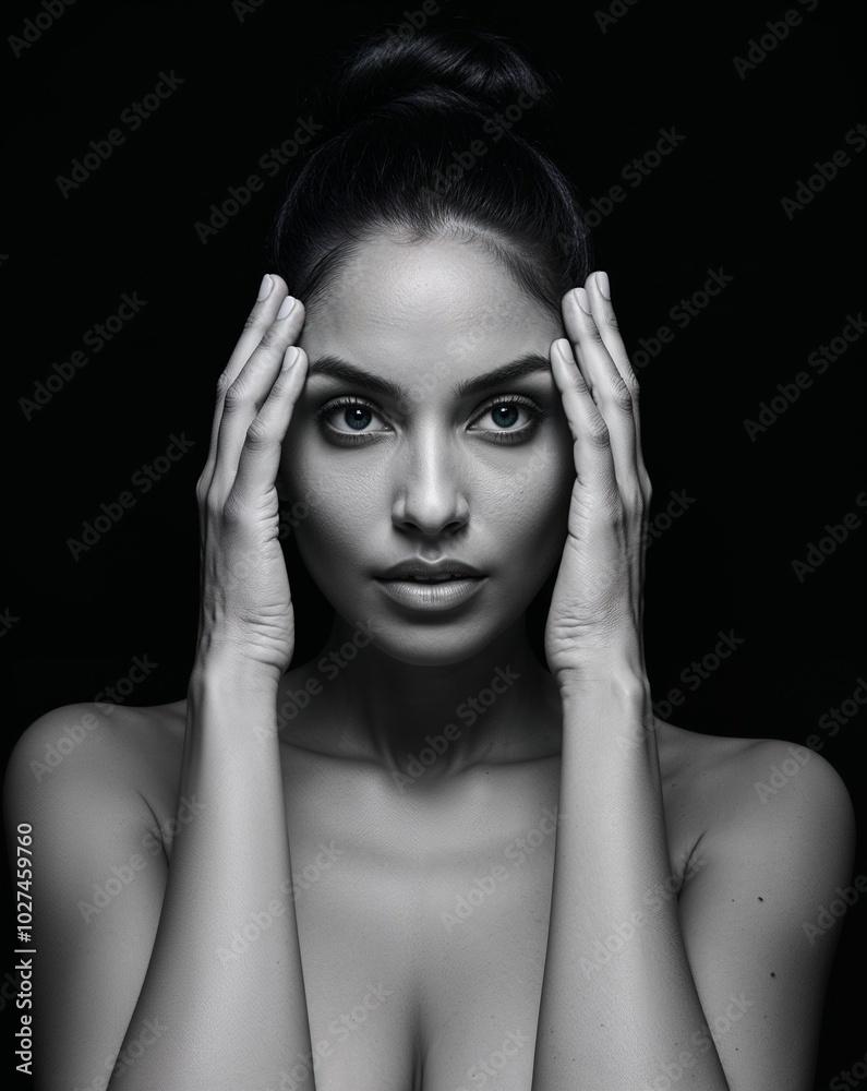 A woman captured in a moment of reflection on plain black background A woman captured in a moment of reflection on plain black background