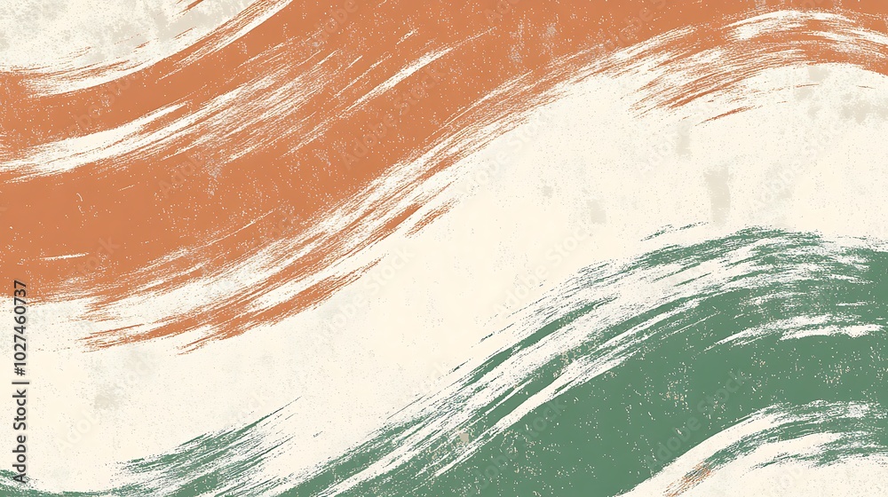Obraz premium Abstract background with wavy brushstrokes in orange and green on a white textured background.