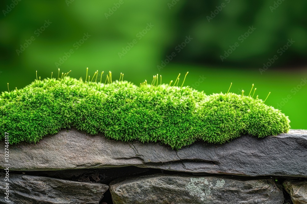 Fototapeta premium Lush green moss growing on a stone wall in a natural setting.