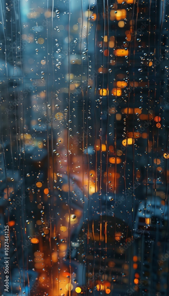 Obraz premium Cozy rainy afternoon view through a window with cascading raindrops and glowing city lights
