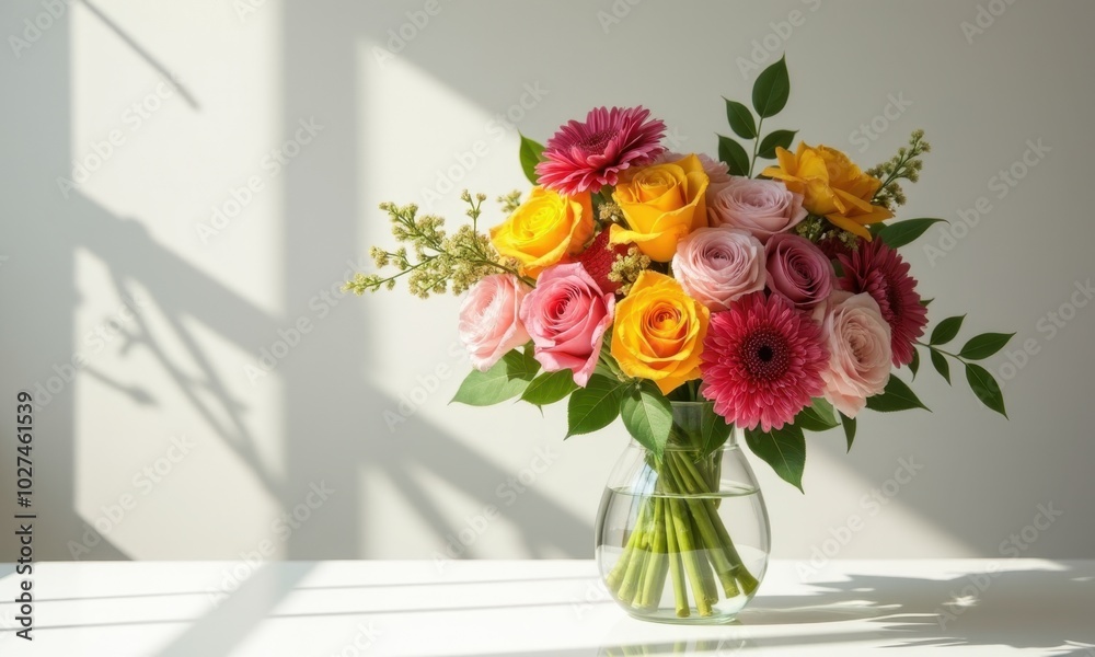 Bouquet with roses and gerberas in a clear vase. Bouquet with roses and gerberas in a clear vase.