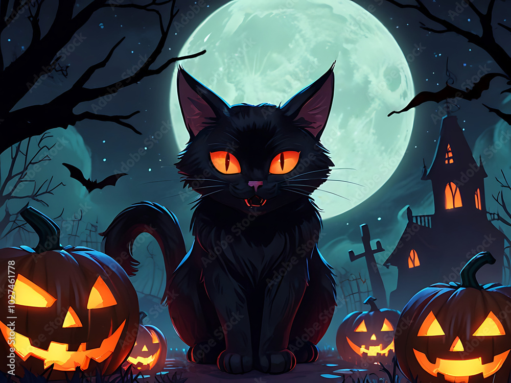 A spooky Halloween night with pumpkins, bats, and a glowing moon, featuring dark silhouettes of trees, witches, and black cats A spooky Halloween night with pumpkins, bats, and a glowing moon, featuring dark silhouettes of trees, witches, and black cats