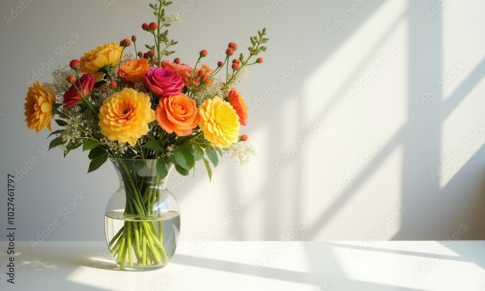Fototapeta premium A bright flower bouquet in a glass vase under sunlight.