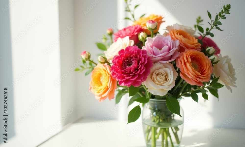 Floral arrangement with gerberas and roses in an interior. Floral arrangement with gerberas and roses in an interior.