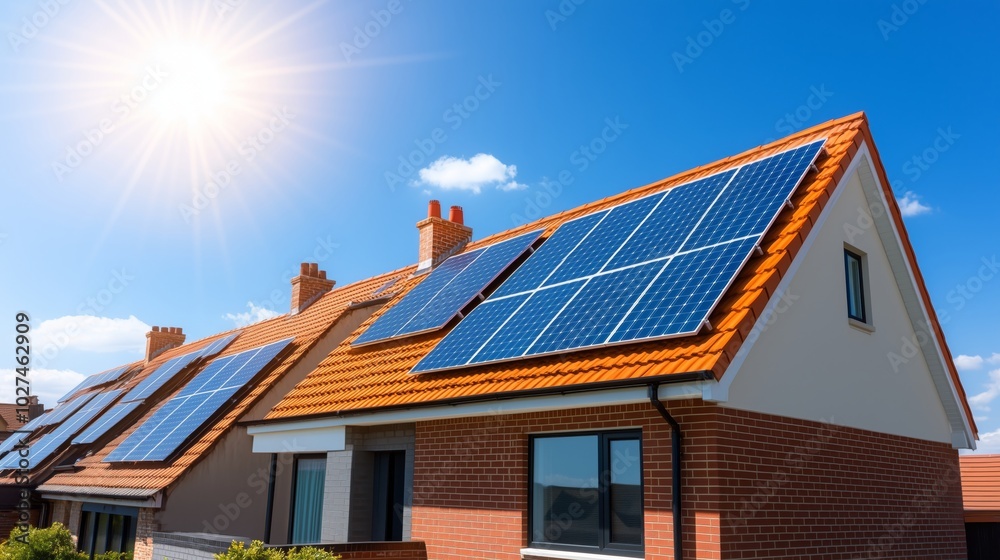 Modern UK house designed with rooftop solar panels to promote sustainable living and reduce carbon footprint. Eco-friendly architecture concept Modern UK house designed with rooftop solar panels to promote sustainable living and reduce carbon footprint. Eco-friendly architecture concept