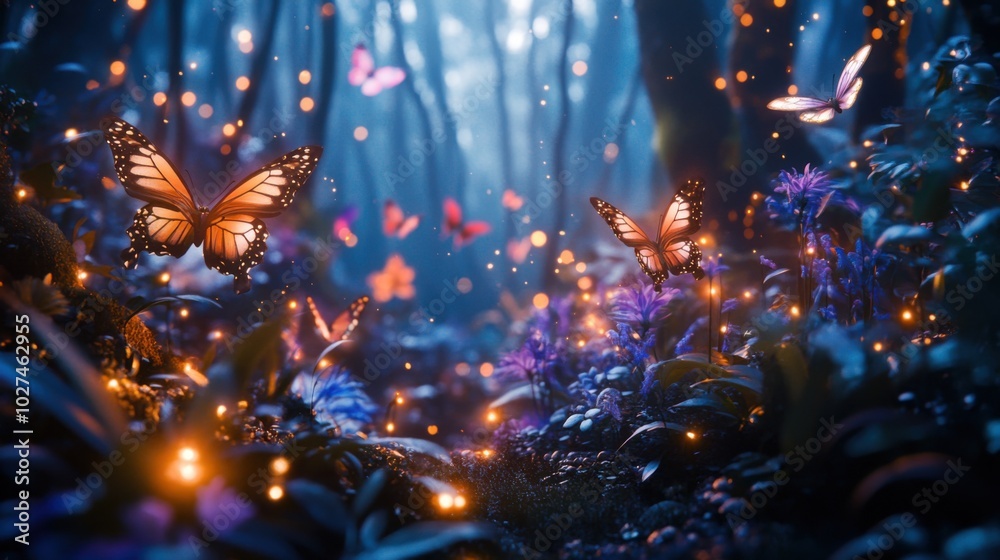 Enchanting forest scene with butterflies and glowing lights in nature Enchanting forest scene with butterflies and glowing lights in nature