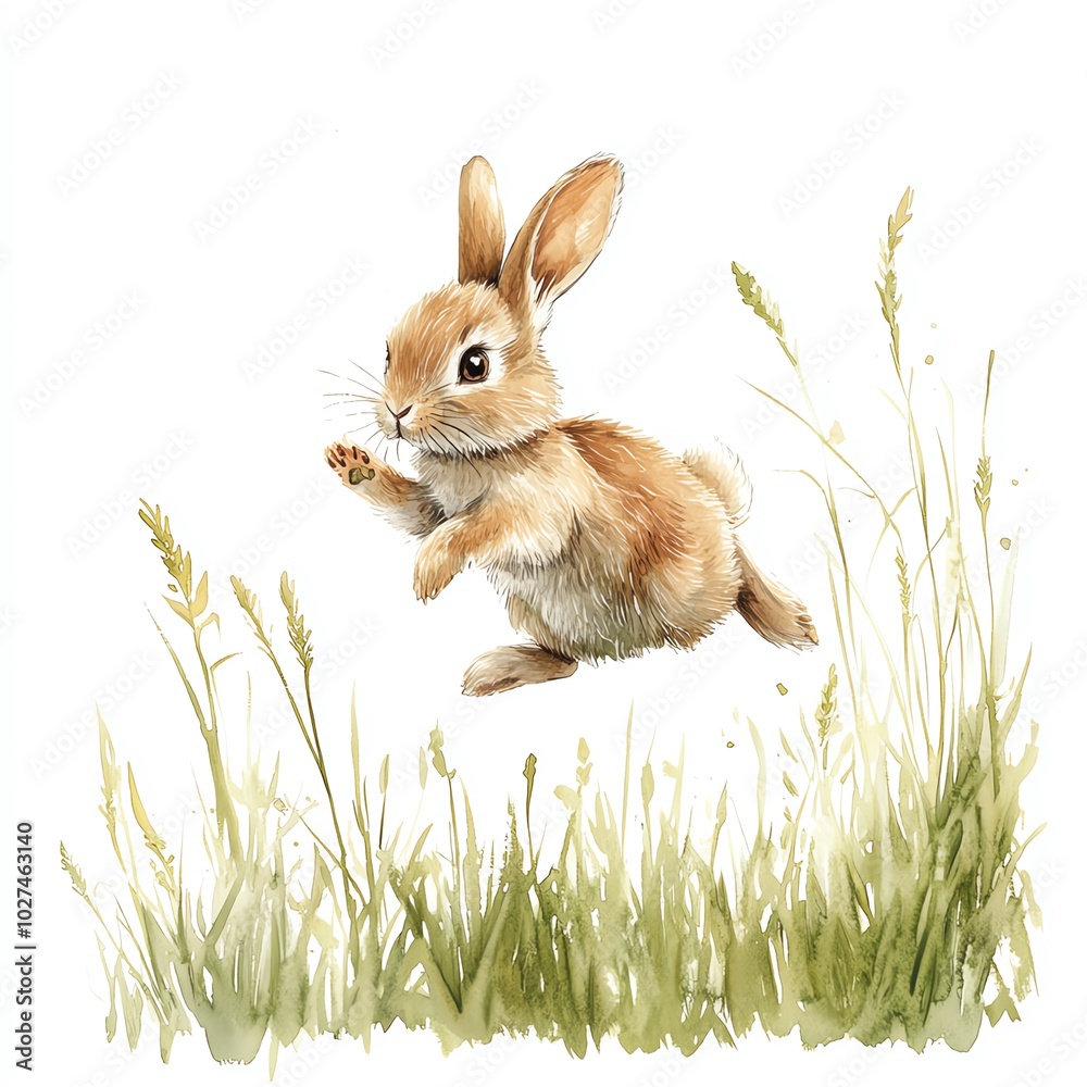 Cute rabbit hopping through tall green grass, white isolated background. Cute rabbit hopping through tall green grass, white isolated background.