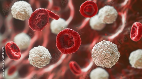 Leukemia Cells: Characterized by uncontrollable growth in the bone marrow and blood, these abnormal white blood cells crowd out healthy cells, impairing immunity.
 photo