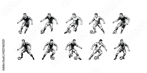 Vector illustration of a football player set mid-dribble, focusing on footwork and movement. Smooth, clean lines perfect for sports apparel and products.