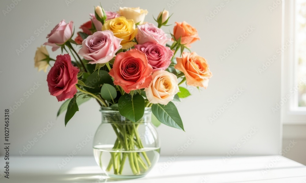 Floral arrangement with roses and gerberas for interior decor. Floral arrangement with roses and gerberas for interior decor.