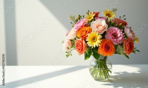 Flower bouquet with roses and gerberas in sunlight.