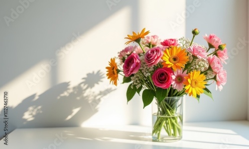 Still life with roses and gerberas in a vase.