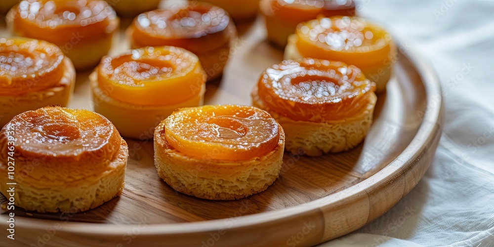 Close-up of delicious mini tarts with orange filling on wooden plate. Close-up of delicious mini tarts with orange filling on wooden plate.