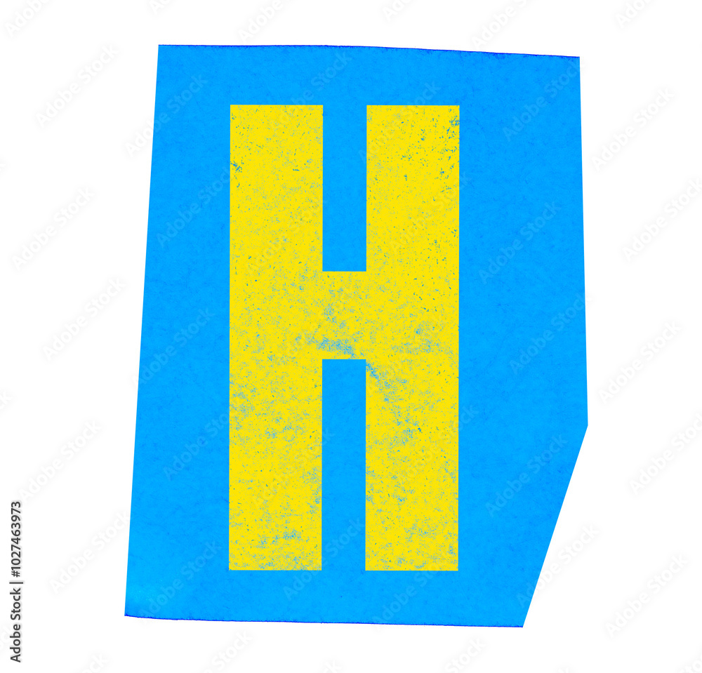 Fototapeta premium Yellow letter h on blue paper tear