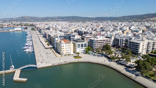 Aerial view of Volos city, University of Thessaly and Kordoni bridge in foreground, Greece