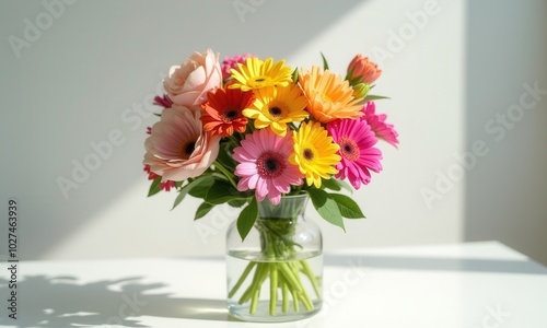 Photograph of a fresh flower bouquet in a vase.