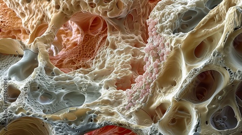 Osteosarcoma Cells: Malignant cells in bone that produce immature bone tissue, commonly affecting adolescents and primarily targeting long bones like the femur.
 photo