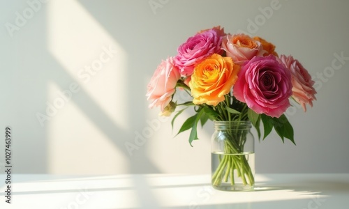 Still life with bright flowers in a glass vase.