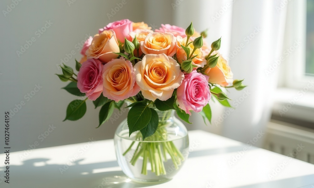 A combination of vibrant flowers in a glass vase. A combination of vibrant flowers in a glass vase.