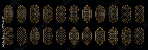 Gold gradient Arabic ornamental windows set. Islamic doors. arch, windows with Arabic pattern on black background. Mosque gate. Collection of patterns in oriental style. Frames in Arabic Muslim design photo