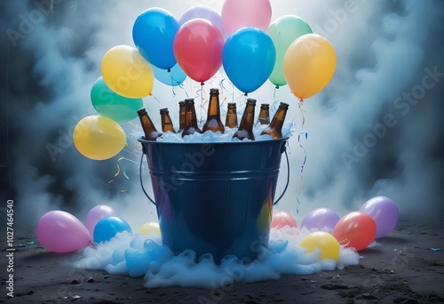 A basket filled with beer bottles and colorful balloons tied to it photo