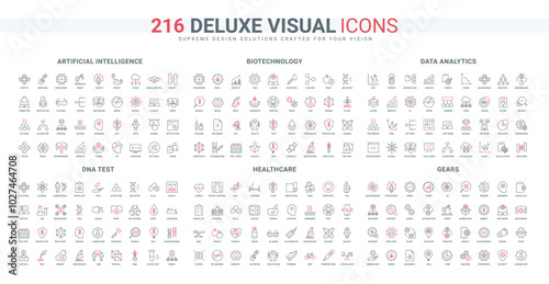 Artificial intelligence for science and data analytics, chemical and biotech research, industry gears line icon set. Medical service, DNA test thin black and red outline symbols vector illustration