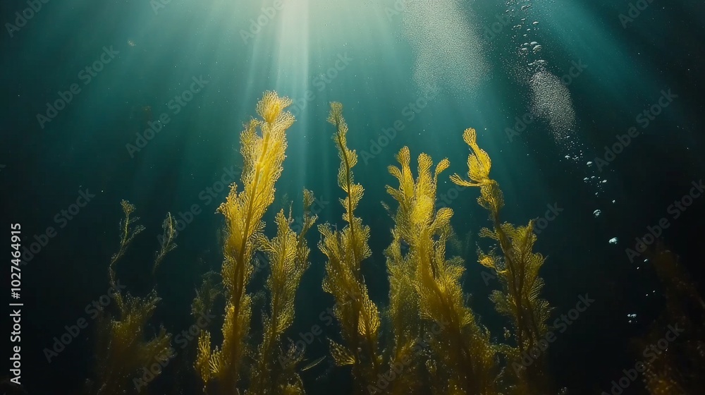Fototapeta premium Underwater Kelp Forest Sunbeams Illuminating the Depths