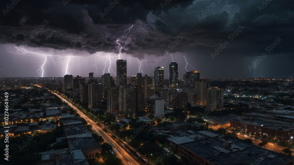 Fototapeta premium Lightning Storm Strikes Above City Lights at Night