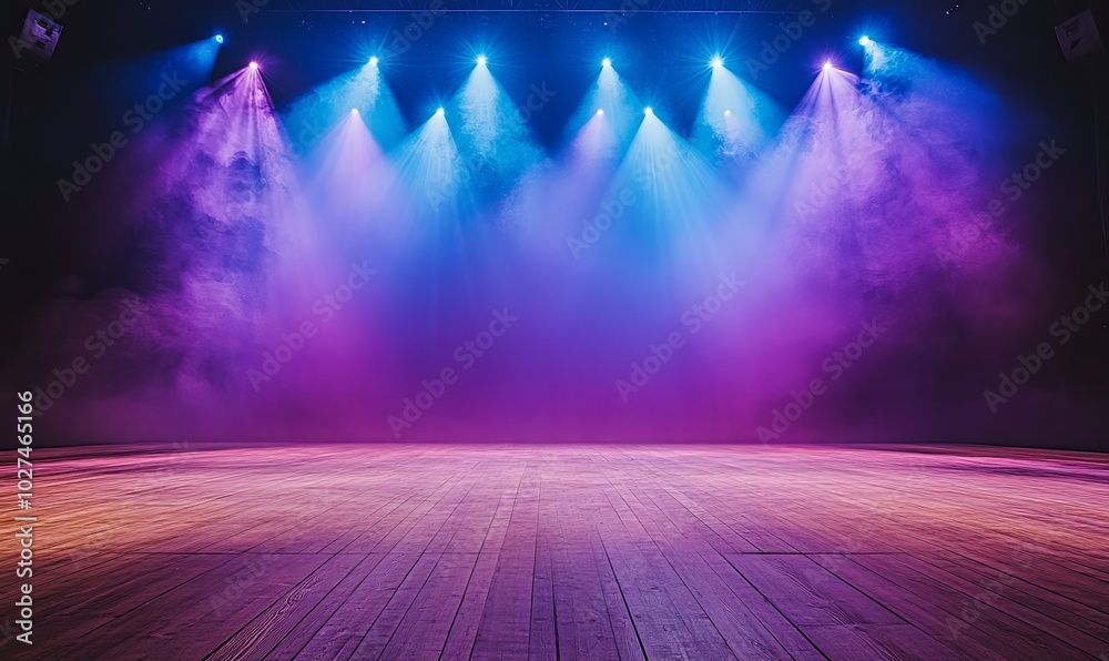 Obraz premium Empty stage with blue and purple spotlights and fog.
