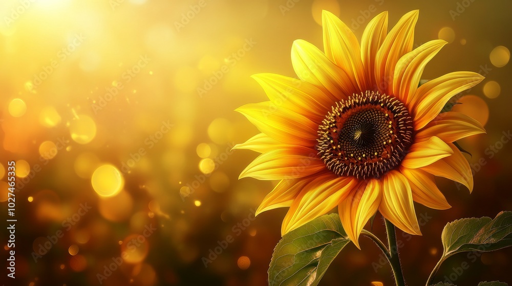 Fototapeta premium Sunflower blooming in magical golden light background