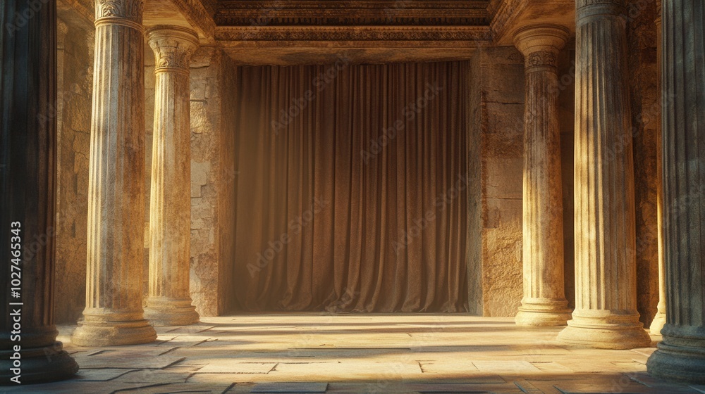 Fototapeta premium ancient-style stage with grand stone columns framing a closed curtain