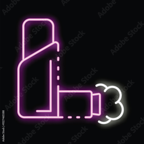 Neon purple inhaler spraying fine mist providing respiratory relief for asthma sufferers