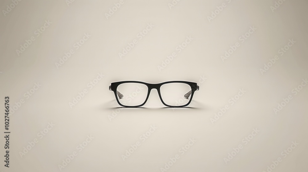 A pair of sleek black eyeglasses sits centered against a smooth, neutral backdrop, showcasing their modern design and elegance. Generative AI A pair of sleek black eyeglasses sits centered against a smooth, neutral backdrop, showcasing their modern design and elegance. Generative AI