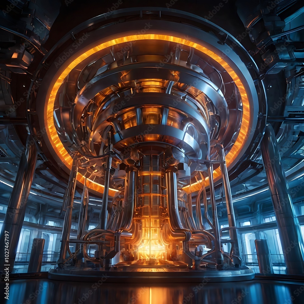 Obraz premium A futuristic fusion energy reactor generating clean energy, glowing plasma inside the reactor core, energy science, sustainability, technology, Generative AI