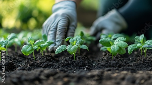 A serene image of sprouting green seedlings in neat rows, symbolizing growth and new beginnings, under a gardener's careful hands tending the soil.