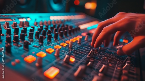 A sound engineer's hand maneuvering the knobs and sliders on a colorful audio mixing console, capturing the essence of music production and sound control. photo