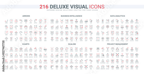 Data and trend analytics, project development, business skill of analyst, arrows line icon set. Measurement and scaling chart, information search thin black and red outline symbols vector illustration