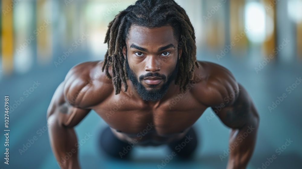 Fototapeta premium Muscular man with intense focus performing push-ups in a sleek, modern gym environment, highlighting physical strength, fitness dedication, and a healthy lifestyle.