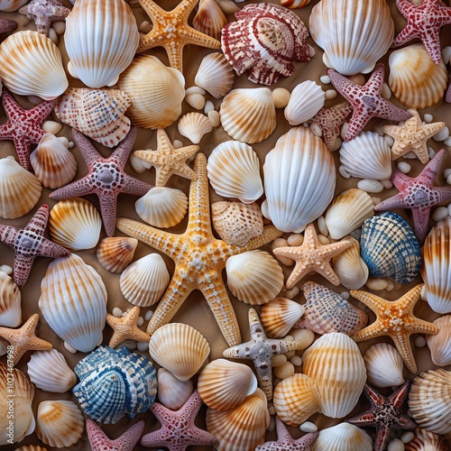 Colorful seashell background with shells. photo