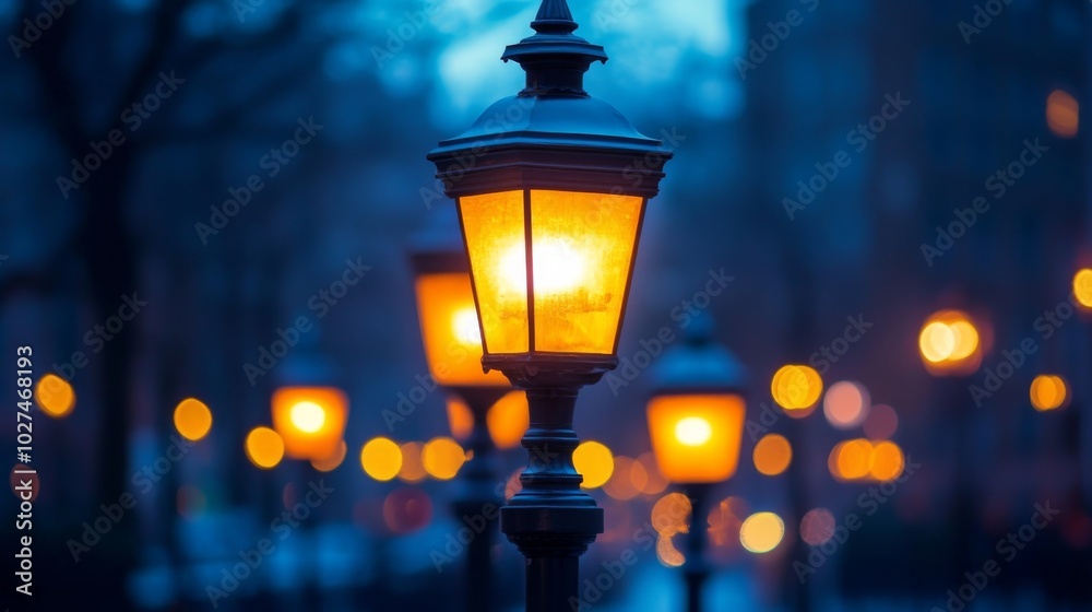 A row of street lamps warmly illuminate a city street at dusk, casting a soft glow, evoking a sense of nostalgia and tranquility in the urban evening environment. A row of street lamps warmly illuminate a city street at dusk, casting a soft glow, evoking a sense of nostalgia and tranquility in the urban evening environment.