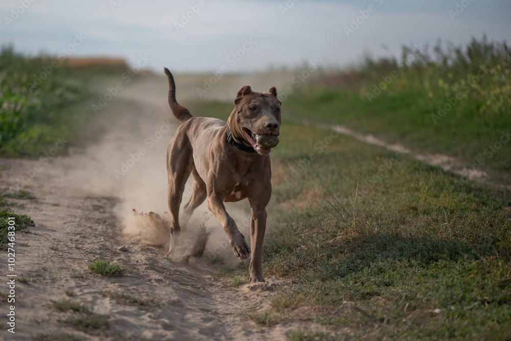 American Pit Bull Terrier runs across an autumn field. American Pit Bull Terrier runs across an autumn field.