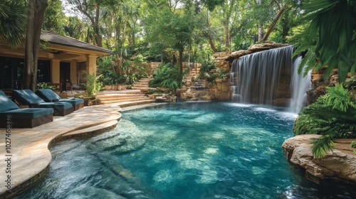 The image highlights a luxurious poolside area complete with a beautiful waterfall, surrounded by lush greenery, offering a private oasis in a tropical setting.