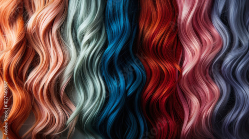 A row of long, colorful hair with a blue section in the middle. The hair is styled in a way that makes it look like a rainbow photo