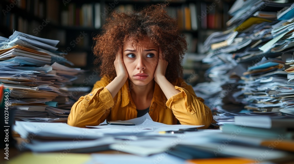 A stressed woman sits at a cluttered desk piled high with paperwork, portraying feelings of overwhelm and anxiety in a high-pressure, chaotic working environment. A stressed woman sits at a cluttered desk piled high with paperwork, portraying feelings of overwhelm and anxiety in a high-pressure, chaotic working environment.
