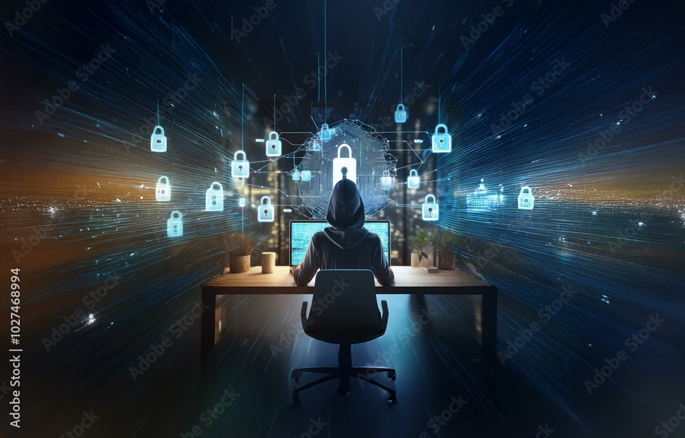 A hooded figure sits in front of a computer, surrounded by glowing digital lock symbols. A hooded figure sits in front of a computer, surrounded by glowing digital lock symbols.